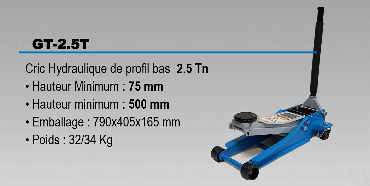 Cric hydraulique modèle bas - 2.5 tonnes